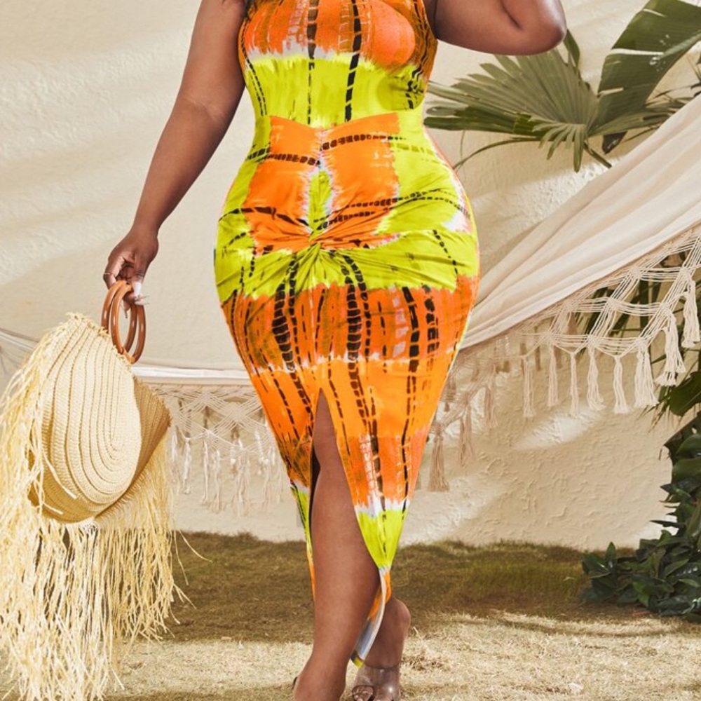 Vibrant Orange and Green Tie-Dye Dress
